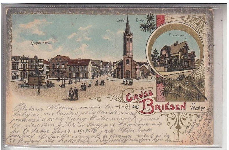 WESTPREUSSEN - BRIESEN  WABRZEZNO Lithographie 1905, Kriegerdenkmal - Kirche - Pfarrhaus.jpg